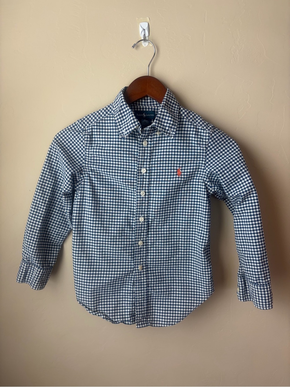 Ralph Lauren Boys Navy and White Gingham Button-Down Shirt size small (8) cotton